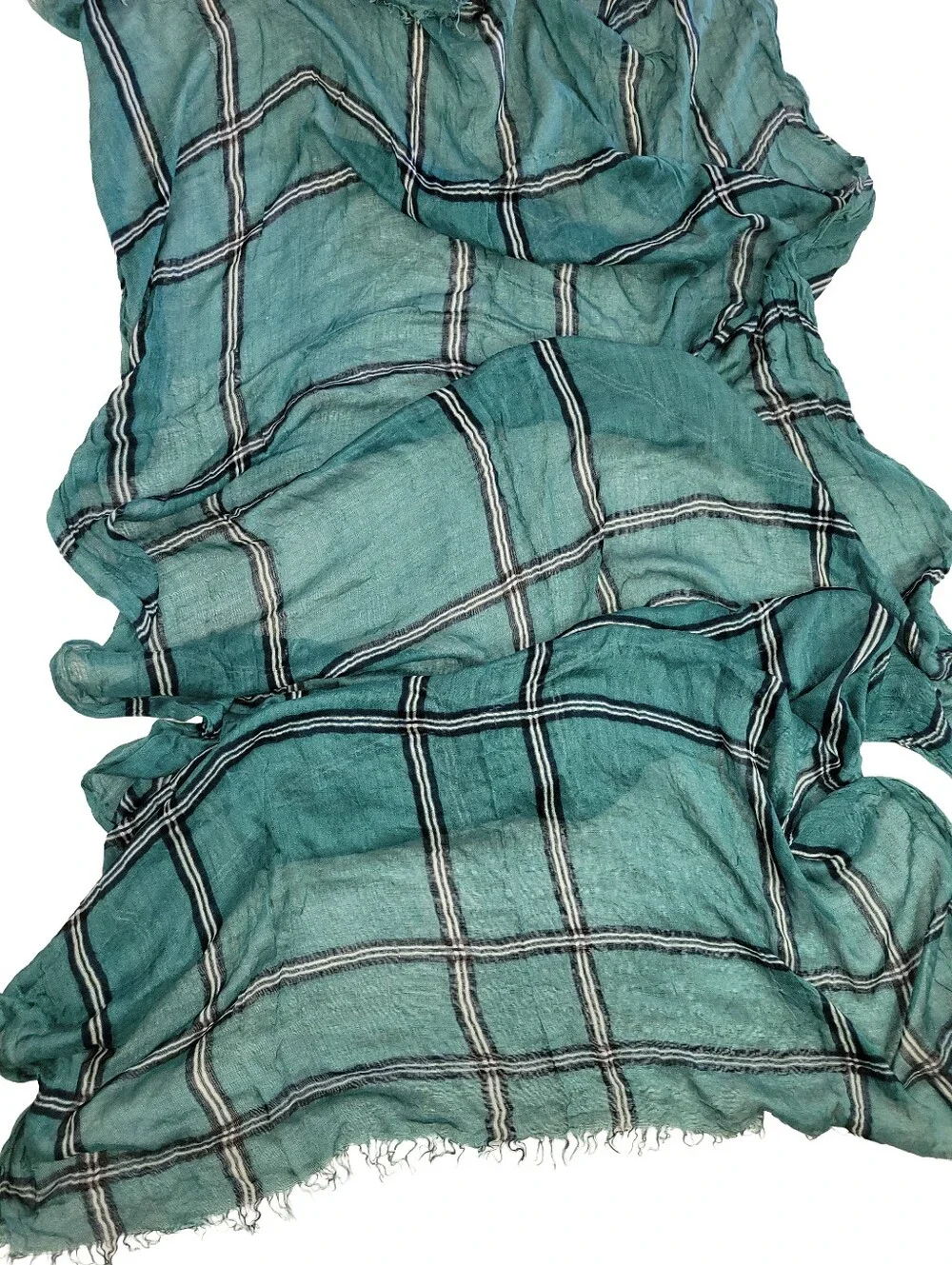 Teal/Blue/White Plaid Lightweight Scarf Wrap Fringe Hem 22